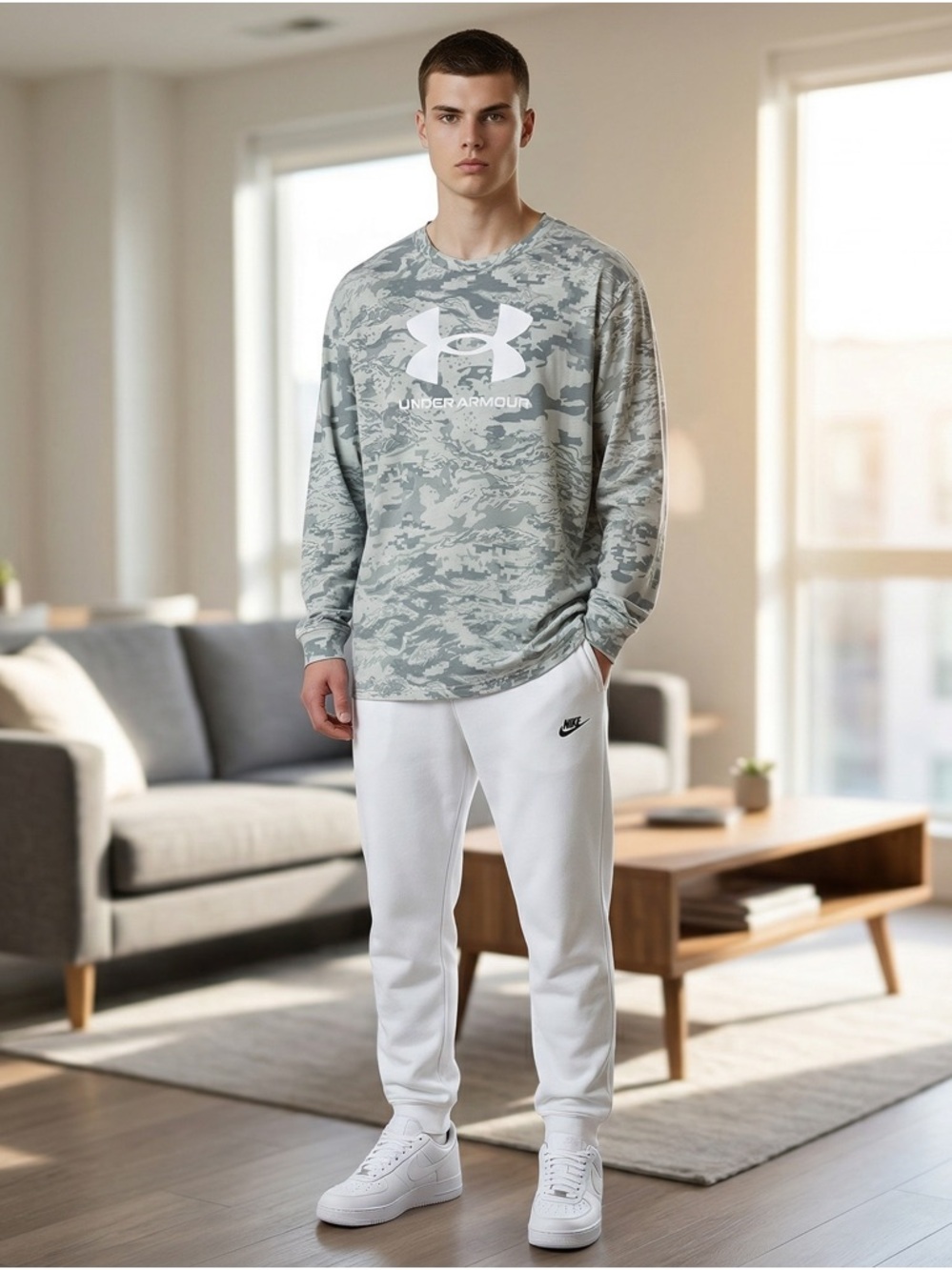 Under Armour Camo Long Sleeve Shirt Mens Medium Loose Fit Gray Green